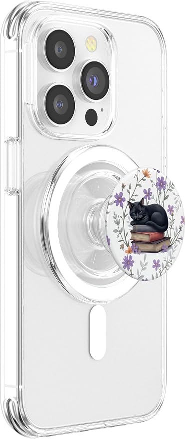 Reading Cat Purple Flower Floral Book Lover Librarian PopSockets PopGrip for MagSafe