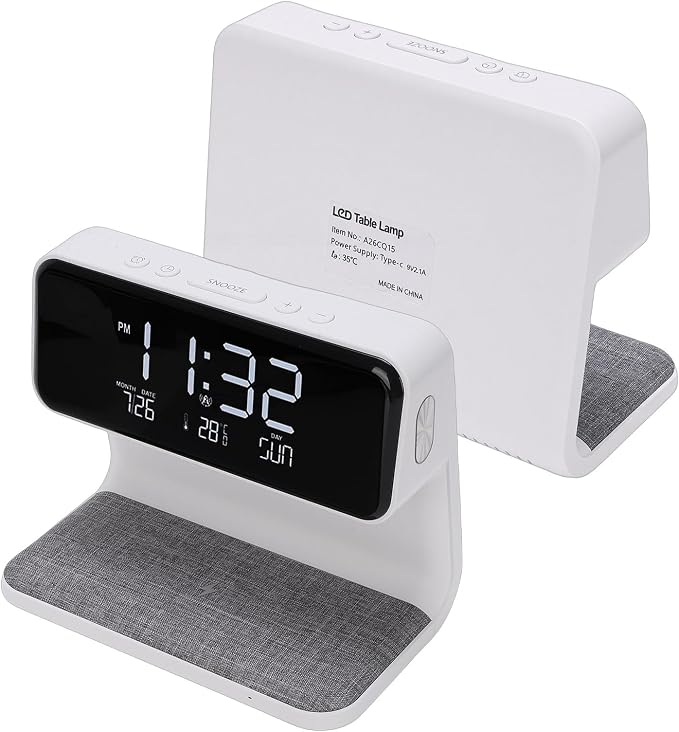 3 in 1 Wireless Charging Digital Alarm Clock with 15W Fast Charger Night Light Date Temperature Display for Bedroom Desk