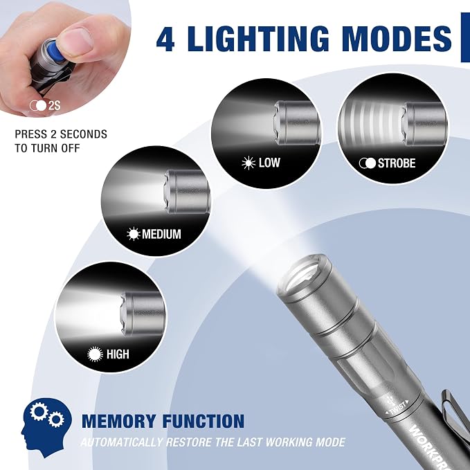 WORKPRO Rechargeable Pen Light 2 Pack Ultra-Compact EDC Flashlight Black | Mini Flashlight Pocket Flashlight with Clip Memory Function and 2 x USB C Cable Included
