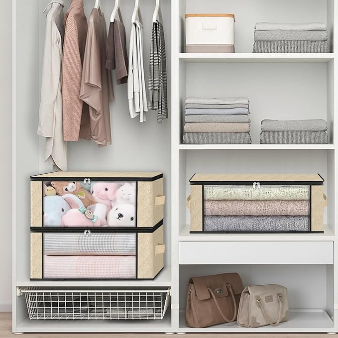 HomeHacks Storage 8-Pack Clothes Organizer Storage Bags Foldable Storage Box with Large Clear Window Sturdy Handles for Closet, Dorm, Pillows, Bedding, Clothes, Blankets, 35L, Beige