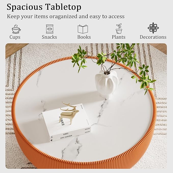 Round Coffee Table Set with Sintered Stone Tabletop, 29.53" Orange Drum Center Table and 19.69" Orange Coffee Table Set, 2 Pieces Living Room Table Set with Fluted PU Leather Cover&Metal Base
