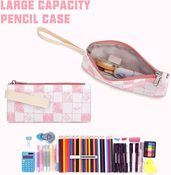 School Backpack for Girls, 3PCS Bookbags Set with Lunch Box Pencil Pouch Elementary Middle School Bag Laptop Back Packs (Cat Checkered Pink)