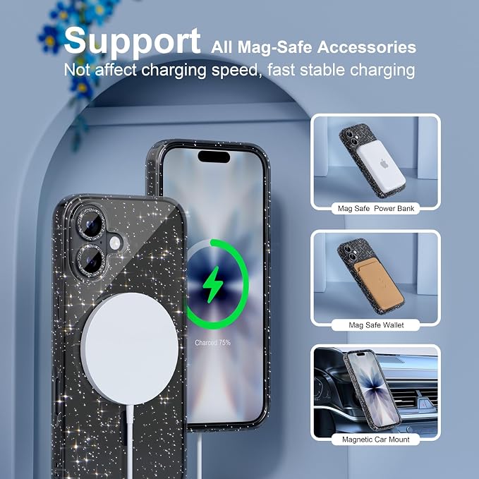 Choiche for iPhone 15 Pro Max Case Compatible with MagSafe Glitter Black | Women Girly Cute Glitter Sparkly Magnetic Phone Case with Diamond Camera Lens Protectors Military-Grade Drop Protection 6.7