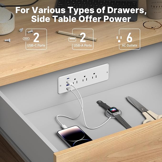 CCCEI 6 Outlets Dual Side Recessed Power Strip with 45W USB C Port, Furniture Flush Mount, Under Desk, Desk Top Multiple Outlet, Hidden Charging Station for Conference Table, Nightstand, White. 10FT.