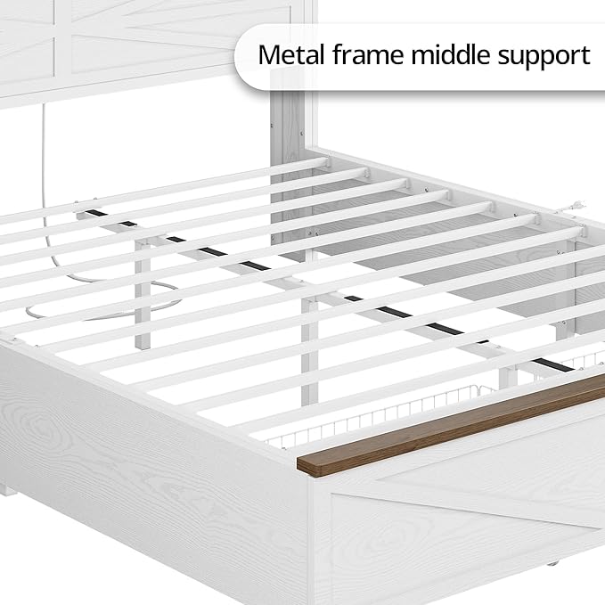 IRONCK Farmhouse King Size Bed Frame with LED Light and Charging Station, Wood Bed Frame with Storage Headboard and 2 Drawers， Barn Door Design, Sturdy and Noiseless, White