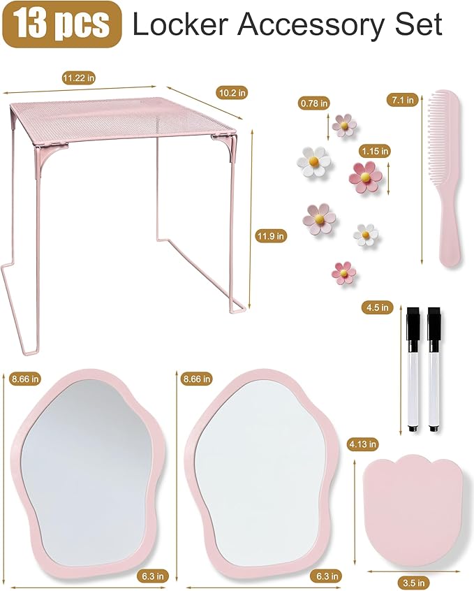 KEYDUACU 13 pcs Girls Locker Accessories, Locker Decorations Including Mirrors, whiteboards, Magnets and organizing Supplies. Ideal for Back-to-School Essentials and The Office (13 pcs-Pink)