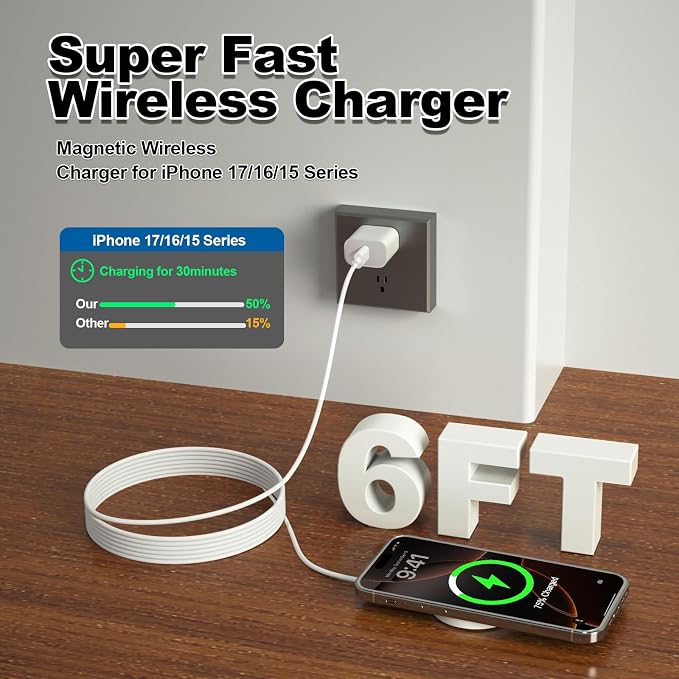 Apple MagSafe Charger 15W Magnetic Wireless Charger for Apple iPhone | iPhone Wireless Charging Pad 6ft Magnetic Charger for iPhone 17 16 15 14 13 12 11 Pro Max Plus/AirPods 2 3 4 Pro 2 3 [2 Pack]