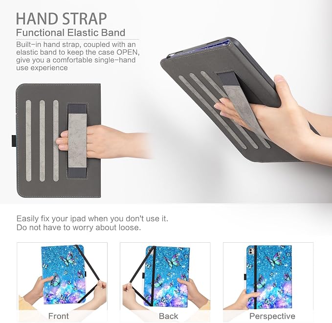 Case for iPad Air 13-inch M4/M3/M2 iPad Pro 12.9 6th/5th/4th/3rd Generation Case with Pencil Holder Multi-Angle Adjustable Stand Shockproof Pocket/Hand Strap/Auto Wake Sleep Sunflowers Butterfly