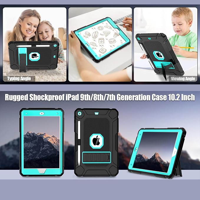 LTROP Case for iPad 10.2-Inch 9th/ 8th/ 7th Generation (2021/2020/ 2019) with Pencil Holder &amp Kickstand Hybrid Shockproof Rugged Protective Case for iPad 9/8/ 7 Gen 10.2 Purple and Green
