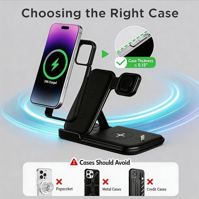 5 in 1 Wireless Charging Station for Multiple Devices Premium Fast Charging Stand for Apple Samsung Android Dual Phone Dock with USB Port for Desk Nightstand