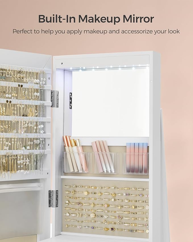 SONGMICS 6 LEDs Lockable Mirror Jewelry Cabinet, 360° Swivel Jewelry Organizer Armoire Standing, Frameless Full-Length Mirror, 3 Storage Shelves, White Surface, Greige Lining UJJC007W02V1