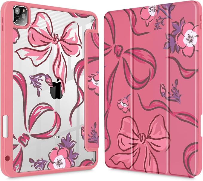 Mektron Case for iPad Pro 11 inch Case M2 2022 Generation 4th Fit 2021 2020 2018 iPad Pro 11 (3rd 2nd &amp 1st Gen) -Buit in Pencil Holder with Shockproof Cover Clear Shell Blue Bows &amp Flower