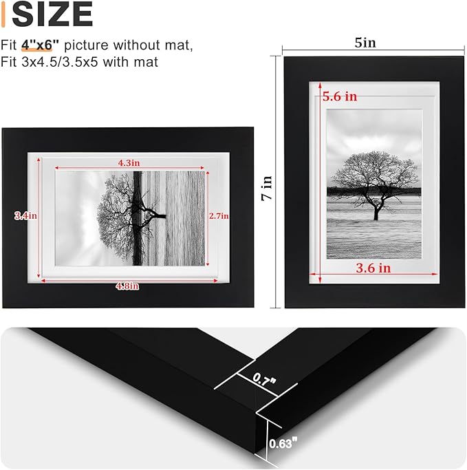 Egofine 4x6 Picture Frame Made of Solid Wood with Plexiglass, Display Pictures 3.5x5 with Mat or 4x6 Without Mat for Tabletop and Wall Mounting, Black