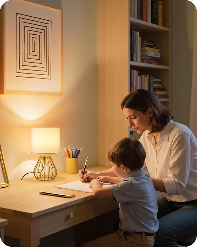 Gold Table Lamp, Small Gold Bedside Lamp with Metal Base & White Linen Lampshade, Modern Nightstand Lamp, Little Cute Desk Lamp for Bedroom, Living Room, 2700K LED Bulb Included, DCW06TL05