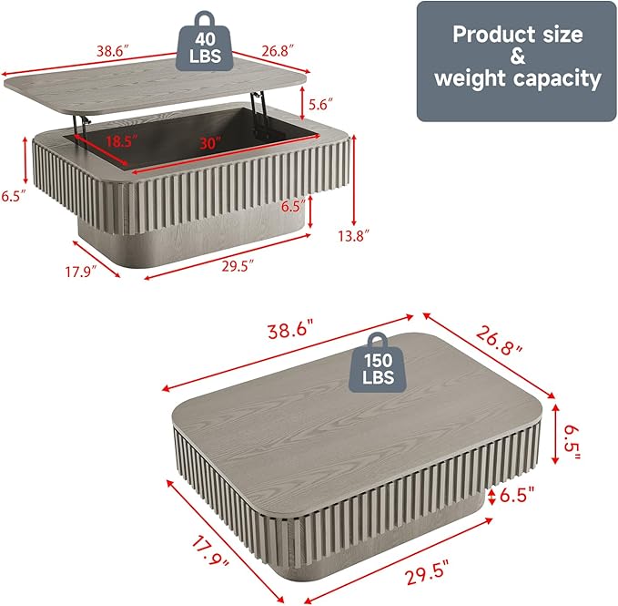 Lift Top Coffee Table for Living Room,Rectangle Handmade Solid Wood Strips, Fluted Coffee Table with Hidden Storage Compartment Small Space Office Apartment (38.6" L×26.8''W×13.8''H-Grey)