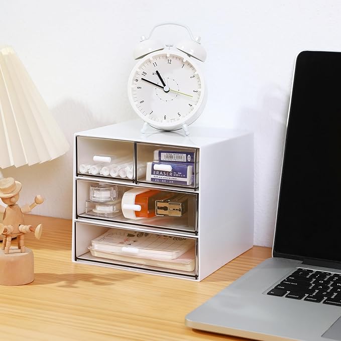 Makeup Organizer with 4 Drawers, Desk Organizer, Cosmetics Storage Box for nail polish, Lipstick, Brushes, Jewelry, Skincare, Bathroom Organization Boxes - White