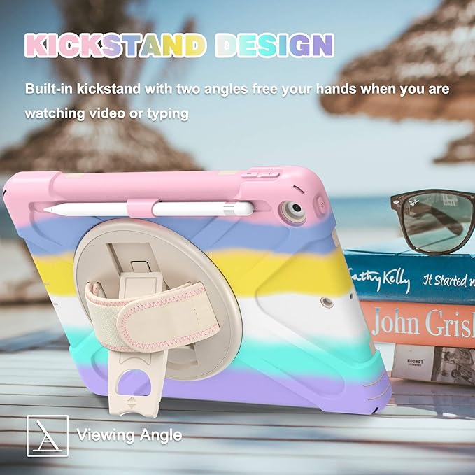 BLOSOMEET Case for iPad 9th/8th Generation 2021/2020 10.2 Inch for Kids Girls Cute w/Tempered Glass Screen Protector & Pencil Holder, iPad 7th Gen 10.2 Cover 2019 Pink w/Stand Hand Shoulder Strap
