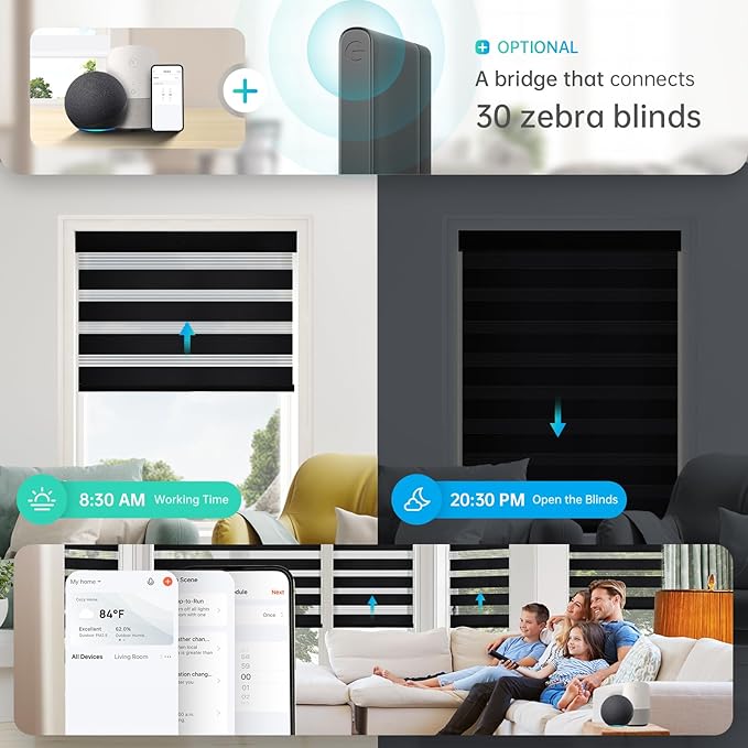 Motorized Zebra Blinds, Solar Powered Dual Layer Automatic Shades with Remote Control, Rechargeable Smart Blinds Horizontal Wireless Electric Shades for Windows, Custom Size, Black， 31 x 72