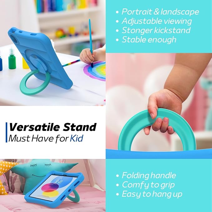 MRWHO Kids Case for iPad 10th Generation 10.9 inch 2022 – Lightweight Flexible Shockproof Stand Handle Girls Boys Case for Apple iPad 10 Gen – Blue