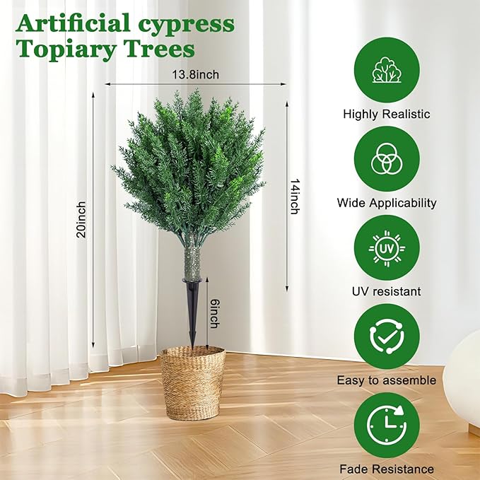 2-Pack Artificial Cypress Topiary Trees:Stake-in UV Resistant & Fade-Proof Topiary with PE Needles for Porch, Garden, Front Yard - Realistic Chartreuse, 20"
