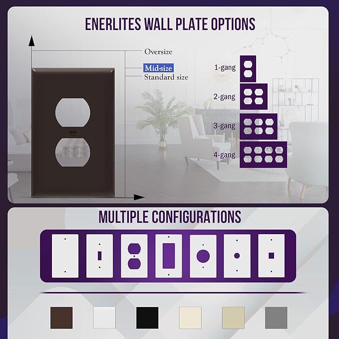 ENERLITES Duplex Receptacle Outlet Wall Plate, Gloss Finish, Midway Size 1-Gang 4.88" x 3.11", Unbreakable Polycarbonate Thermoplastic, UL Listed, 8821M-BR-10PCS, Brown (10 Pack)