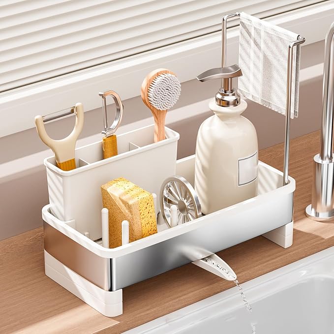 Sponge Holder for Kitchen Sink,Sink Caddy Organizer with Removable Brush Holder,Kitchen Countertop Soap Dispenser Storage with Detachable Towel Rack,White
