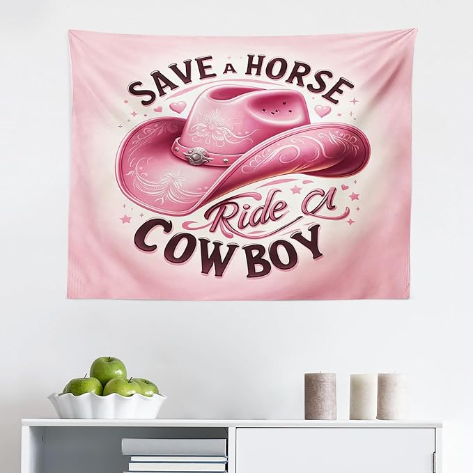 Ambesonne Funny Tapestry, Humorous Feminine Design with Hat and Save a Horse Ride a Cowboy Lettering, Fabric Wall Hanging Decor for Bedroom Living Room Dorm, 28" X 23", Pink and Seal Brown
