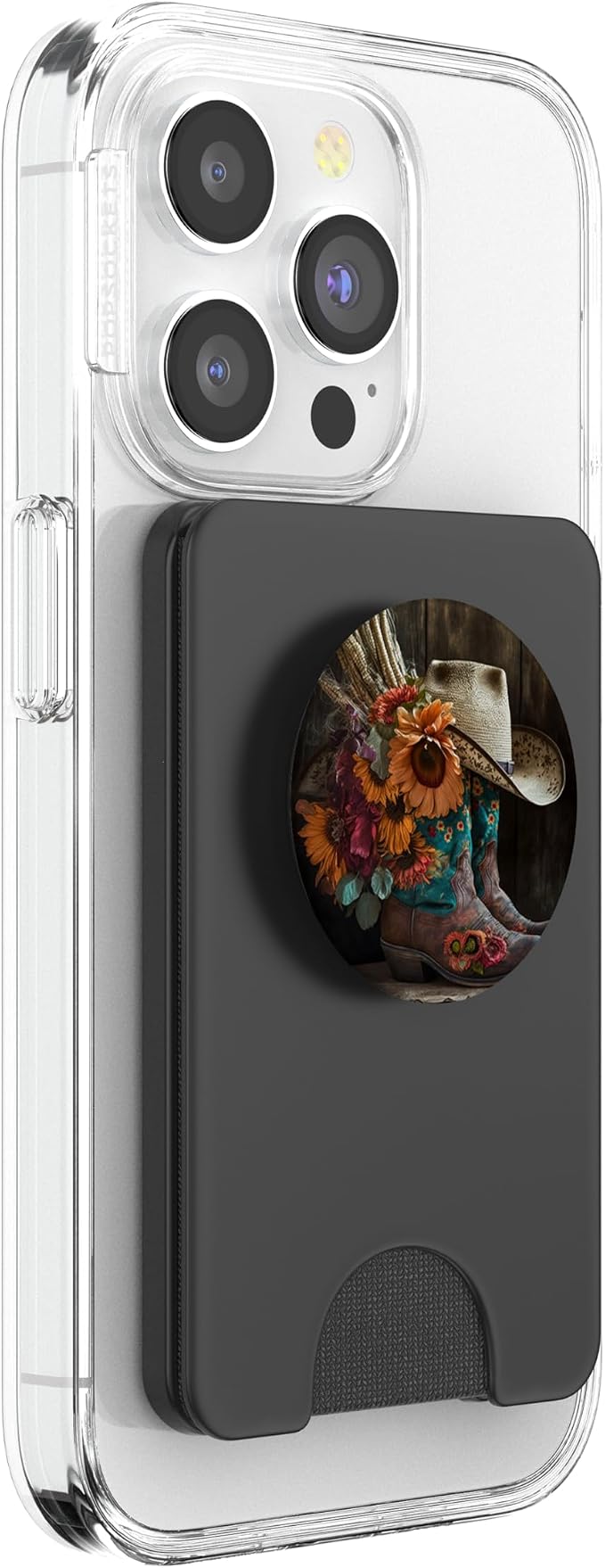 Boho Cowgirl Boots with a Flower Feather Hat for Western Rod PopSockets Adhesive PopGrip