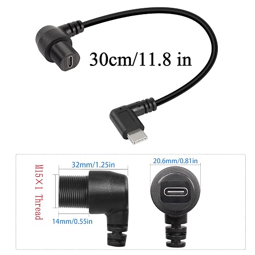 QIANRENON 90 Degree Angle USB C Flush Panel Mount Cable USB Type C 2.0 Female to Male Right Angle Waterproof Extension Cable Threaded to Dashboard or Panel 30cm/11.8 in (UP&ampDown Bend)