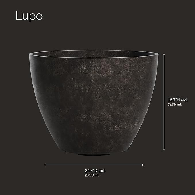 Lupo Tapered Planter – Brown Stone Finish – Fiberglass Indoor/Outdoor and Weather-Resistant Medium Planter (24.4" D x 18.7" H Exterior, 23.1" D x 18.1" H Interior)