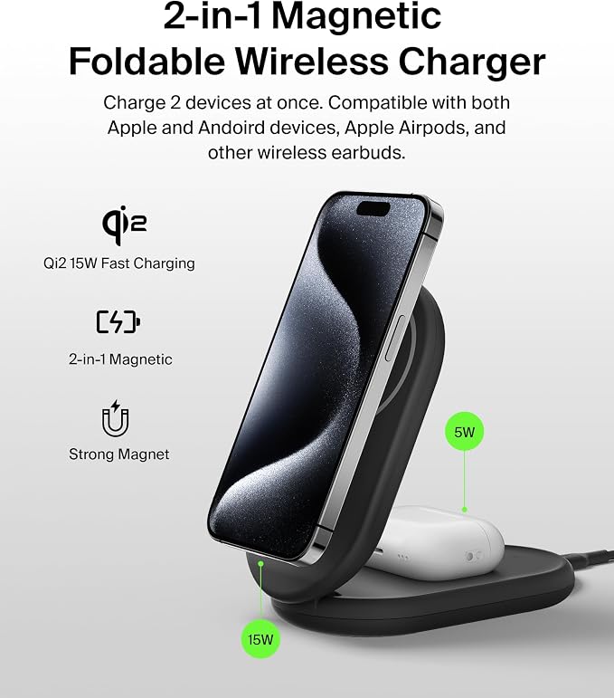 Belkin Qi2 15W Magnetic Wireless Charger 2 in 1 Foldable Non-Slip | MagSafe compatible iPhone 16 Apple Watch Samsung Galaxy S25 compatible power adapter included