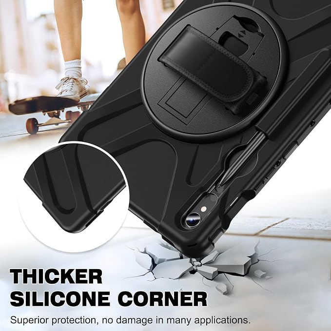 Case for Galaxy Tab S10 FE+ 13.1 2025 with Screen Protector+360 Rotating Hand Strap&ampStand+Shoulder Strap (Black)