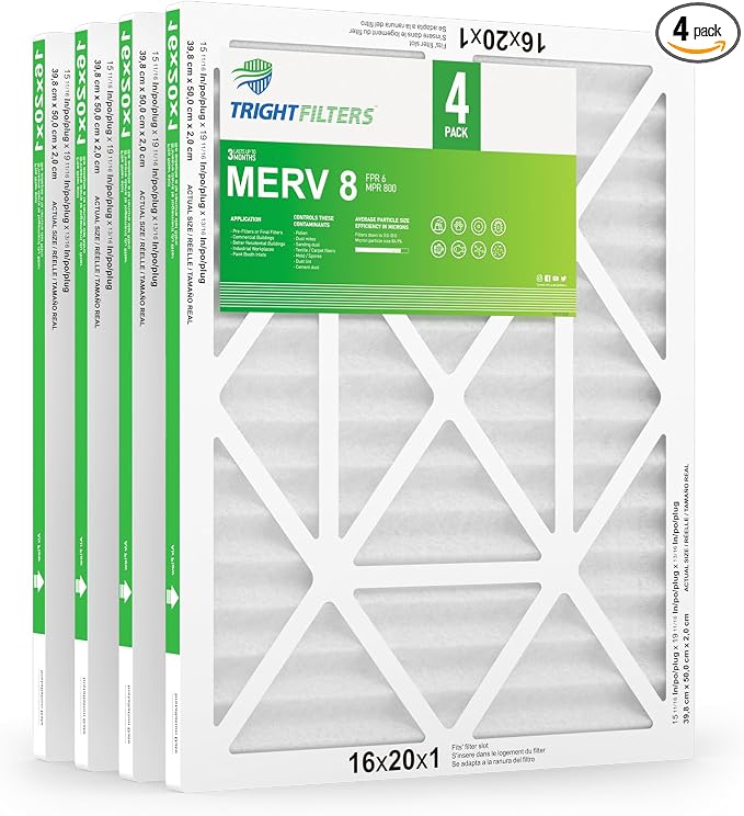16x20x1 Air Filter 4 Pack, MERV 8 Pleated Dust Defense Air Filters Replacement