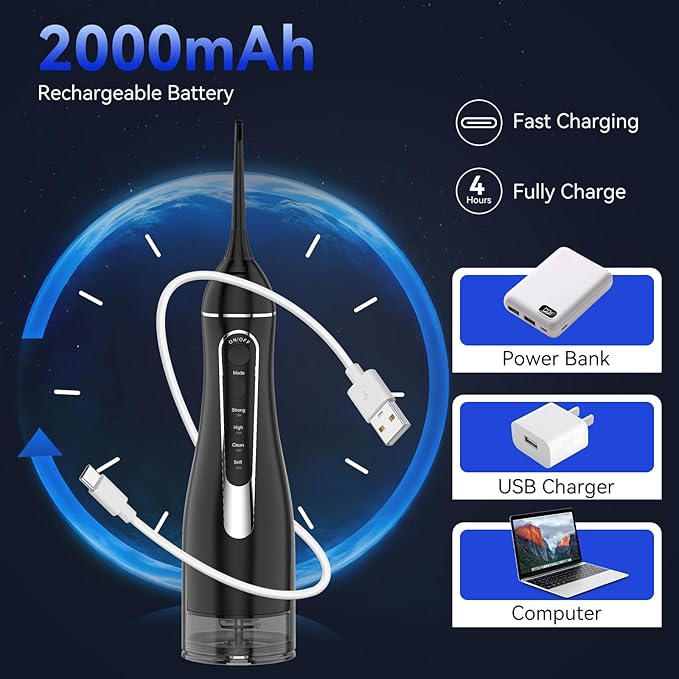 Water flossers for Teeth Pick, Portable Oral Irrigator Dental with 4 Modes 5 Jet Tips, IPX7 Rechargeable Water Tooth Flosser for Braces Sensitive Gum Care，300ml Tank for Home Travel Use