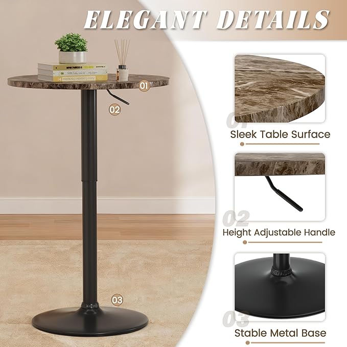 Shahoo Round Bar Table, Adjustable Height and 360° Swivel Bistro Pub Table, Cooktail Table for Bar, Bistro, Dining Room, Faux Marble