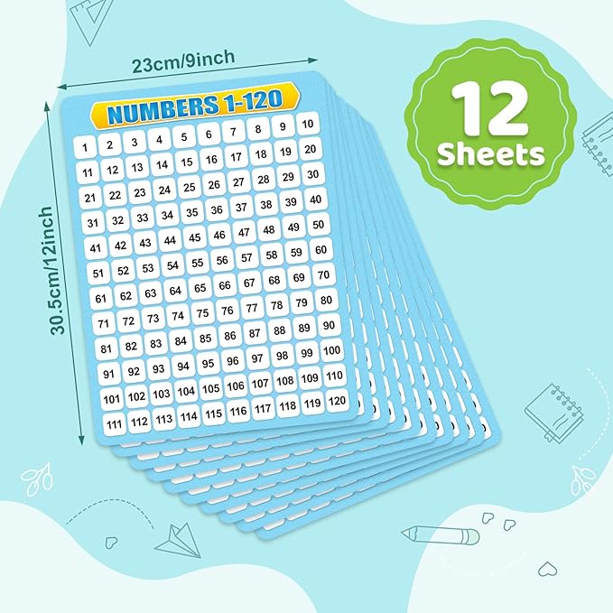 12 Pack Numbers 1-120 Chart Dry Erase Flash Card,12" x 9" Number Line Ten Frame Math Manipulatives Small White Board for Student Teacher Kindergarten 1ST 2ND Classroom Homeschool Supplies