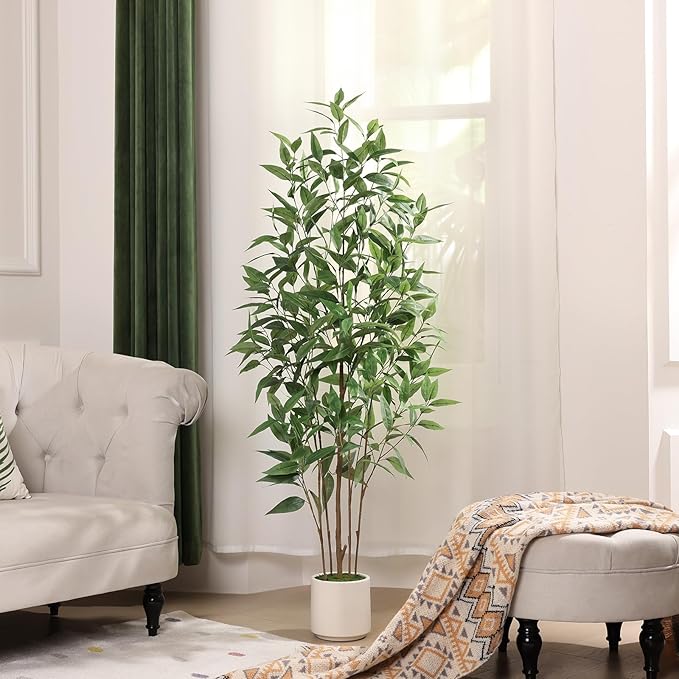 Artificial Eucalyptus Tree，5FT UV Resistant Fake Outdoor Plants,Artificial Plants Indoor with White Planter,Silk Leaves,Faux Tree for Home Decor Floor Porch Liveing Room