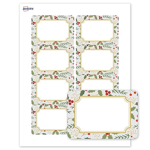Avery Printable Christmas Adhesive Name Badges, Rectangle, 2-1/3" x 3-3/8", Pre-Printed Light Blue Border with Metallic Gold Frame Design, Matte White, Laser & Inkjet Compatible, 80 Total