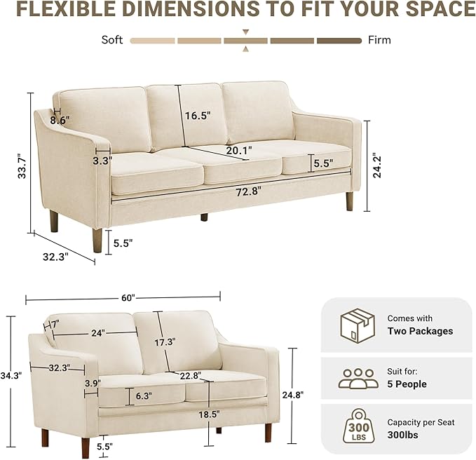 Kingfun Living Room Furniture Sets, 3 Seater Couch and Loveseat, Mid Century Modern Sofa Set, Chenille Couch with Solid Wood Frame for Living Room & Bedroom, Beige
