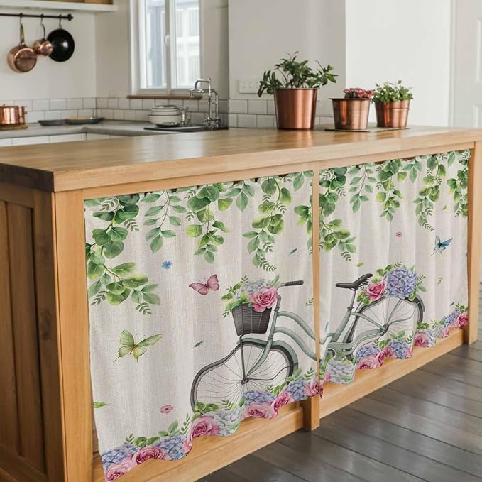 Farmhouse Spring Tier Curtains, Retro Bicycles Flowers Vines Butterfly Light