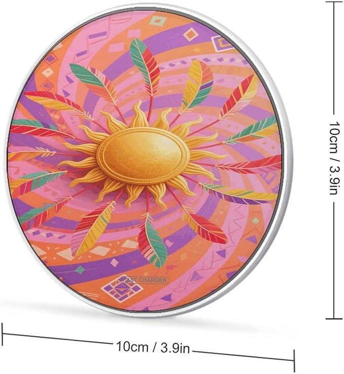 Retro Boho Sun Wireless Charger with USB CableAluminum Alloy Frame 10W Max Compatible Fast Wireless Charging Pad- 3.2ft Cable Included for Travel Home Office Desk