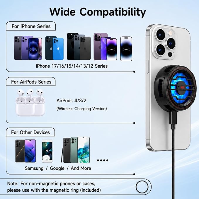 Magnetic Phone Cooler with 15w Fast Wireless Phone Charger Funtion | RGB LED