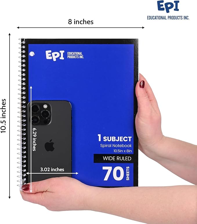 EPI Spiral Notebook | Wide - 70 Sheets, Durable Spiral Binding | 10.5 x 8 in | Classroom Supplies | School, Office, Note Taking, Journaling - 48 Pack