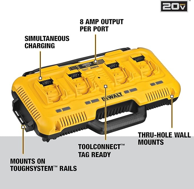 DEWALT Battery Charger for 12V MAX, 20V MAX and FLEXVOLT 20V/60V MAX Batteries, 8 Amp, 4 Port Simultaneous Fast Charging Station (DCB104)