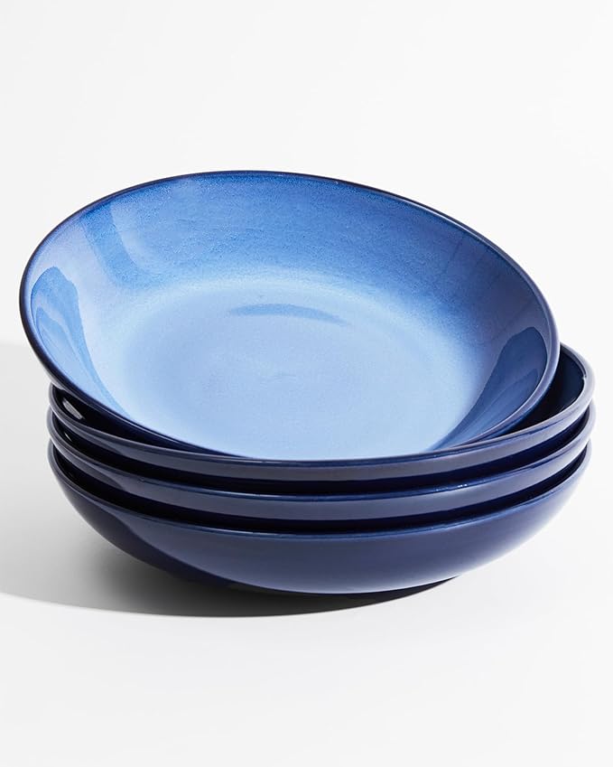 Ceramic Pasta Bowl Set of 4, 32 Oz Large Salad Bowls for Serving, Microwave & Dishwasher Safe Soup Bowls for Kitchen, Light Blue Stoneware Bowl Set