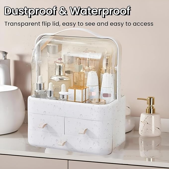 Makeup Organizer and Storage for Vanity with Lid and Drawers, Waterproof and Dustproof Portable Skincare Cosmetics Boxes, Makeup Caddy Holder for Vanity Countertop, Bathroom, Dresser-All White