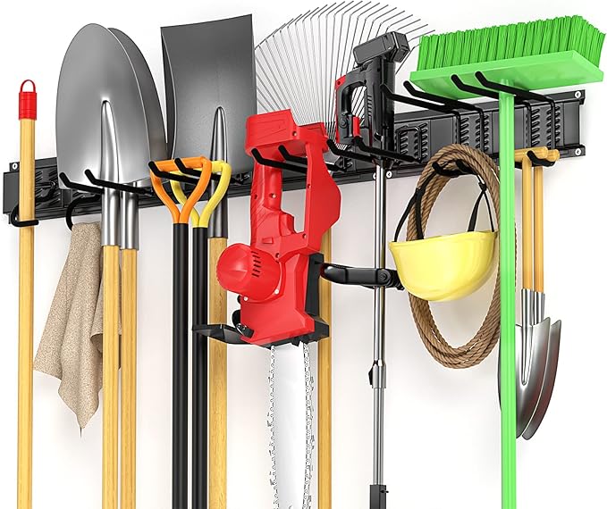 Garage Tool Organizer Wall Mount 11 PCS Garden Tool Organizer Adjustable Garage Organizers with 8 Heavy Duty Hooks, Max Load 500lbs Garage Storage for Yard Garden Tools, Shovels, Trimmers, Hoses