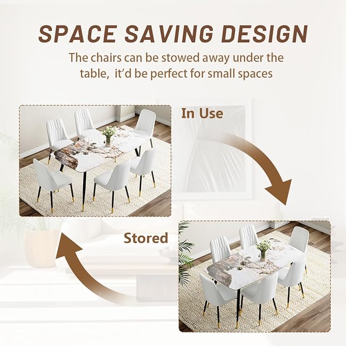 Modern Dining Set for 6, Sintered Stone Table Top, White Chairs, 62'' W x Unknown H x D, Dining Room