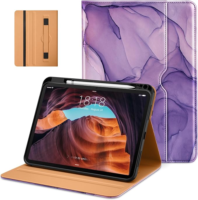 DTTO for iPad (A16) 11th Generation 11-inch &amp 10th Gen Case Brown | Premium Leather Business Cover with Pencil Holder Hand Strap &amp Pocket Corner Protection Auto Sleep/Wake for Work &amp
