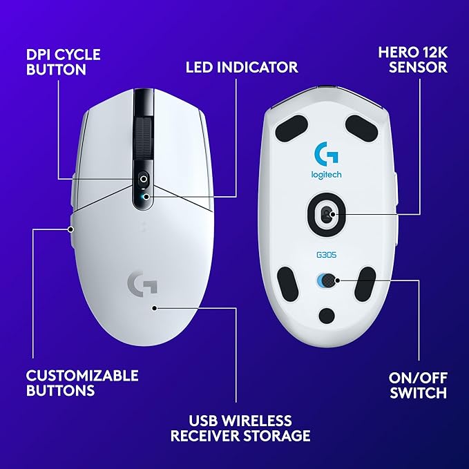 Logitech G305 Lightspeed Wireless Gaming Mouse, Hero Sensor, 12,000 DPI, Lightweight, 6 Programmable Buttons, 250h Battery, On-Board Memory, Compatible with PC, Mac - White